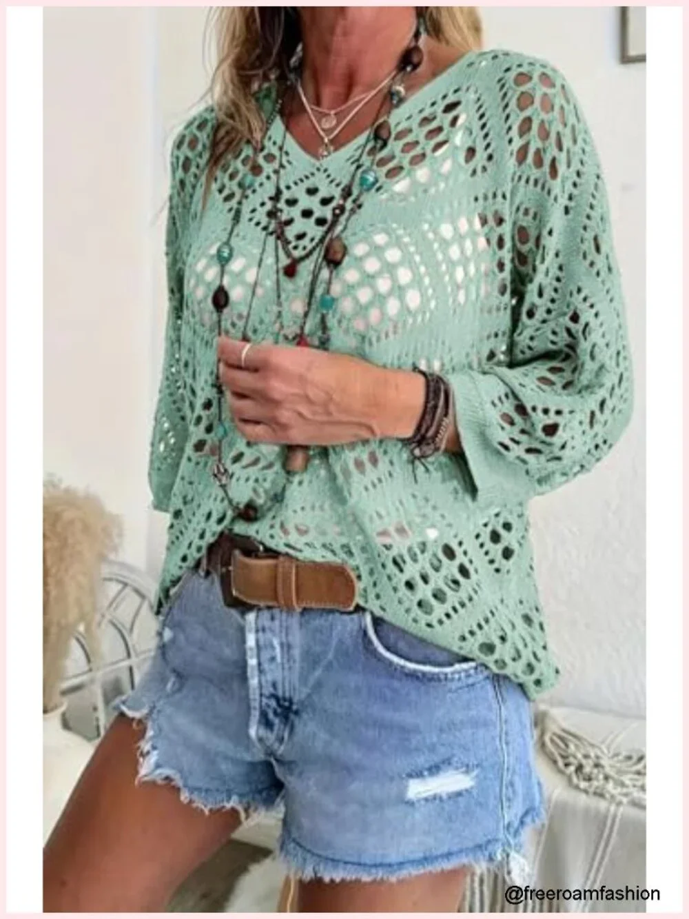 Crochet V-Neck Long Sleeve Loose Knit Top Beach Cover Up Tunic